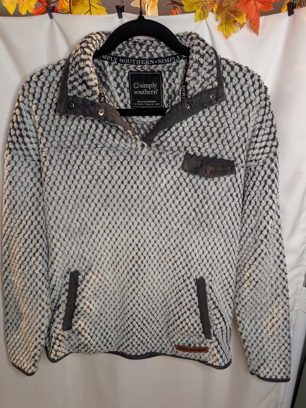 Simply Southern Cream and Gray Women's Plush Sweater